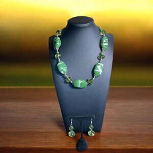 Green Glass Bead Necklace‎ and Earring Set Artisan Boho Chic Unique Handcrafted